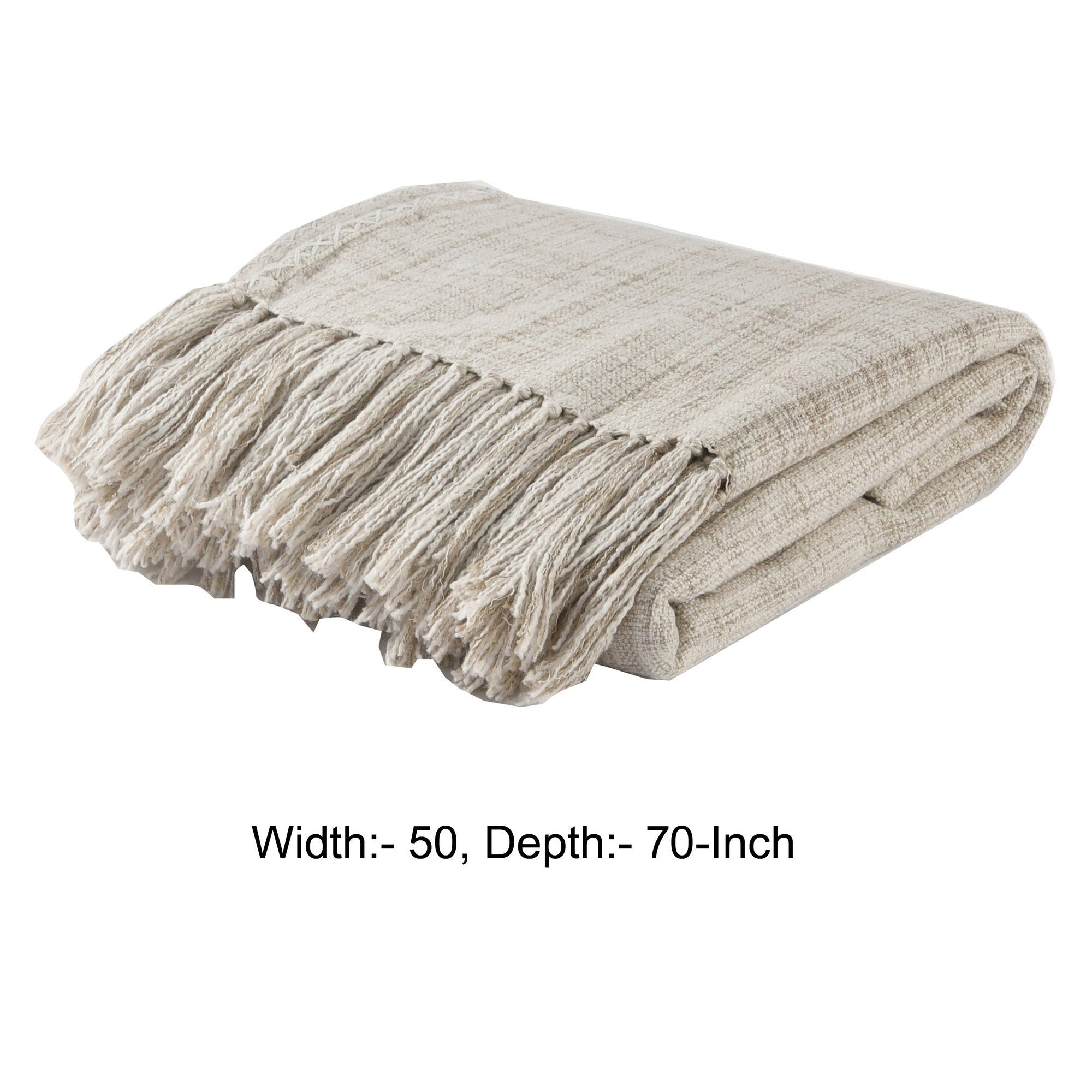 Throw Blanket with Woven Ends and Fringes, Off White