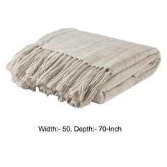 Throw Blanket with Woven Ends and Fringes, Off White