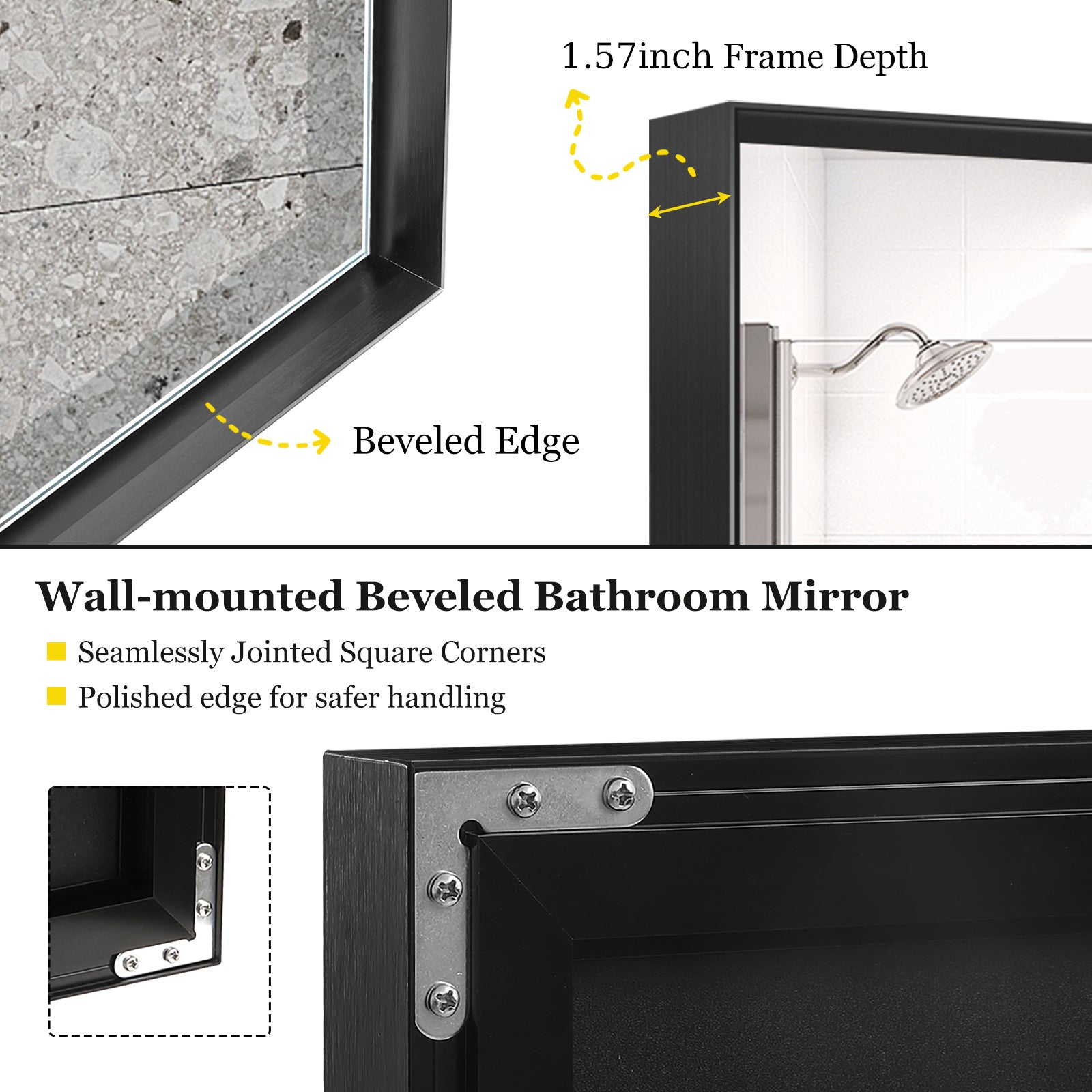 Black Rectangular Bathroom Mirror Square Angle Metal Frame 36x24inch (Horizontal & Vertical)