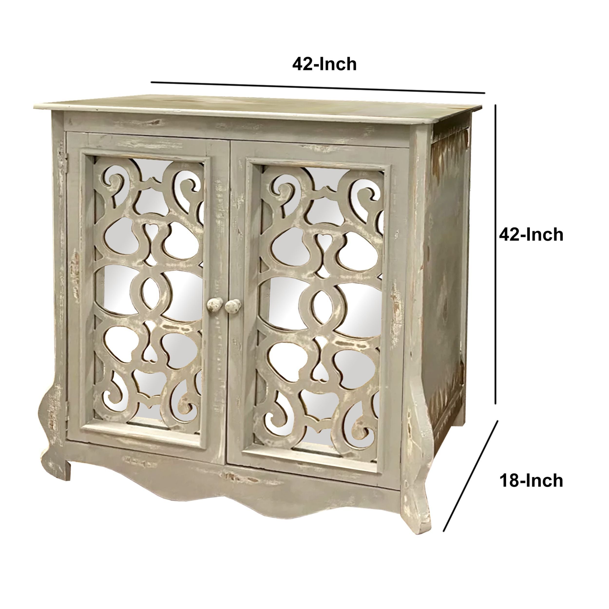 Storage Console with 2 Doors and Scrolled Mirror Trim, Antique White and Silver