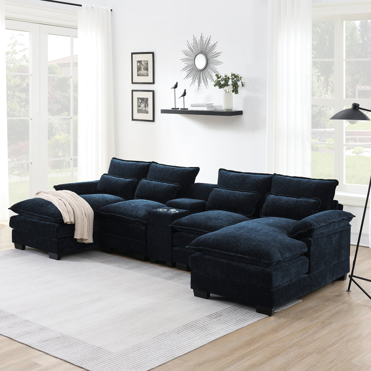 Modern Blue U-shaped Sofa with Cupholders and USB Ports, 6-seat Upholstered Symmetrical Indoor Furniture