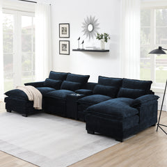 Modern Blue U-shaped Sofa with Cupholders and USB Ports, 6-seat Upholstered Symmetrical Indoor Furniture