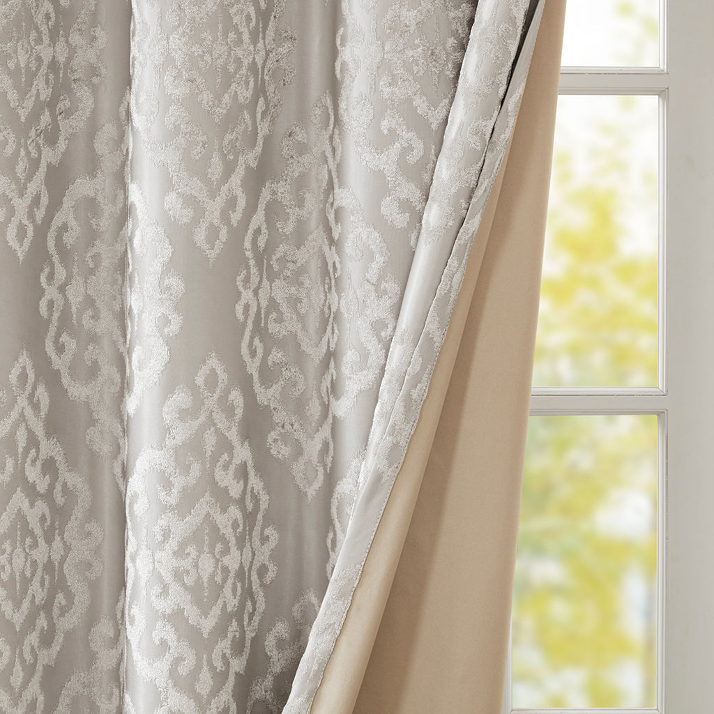 50x95" Knitted Jacquard Damask Total Blackout Grommet Top Curtain Panel - Silver