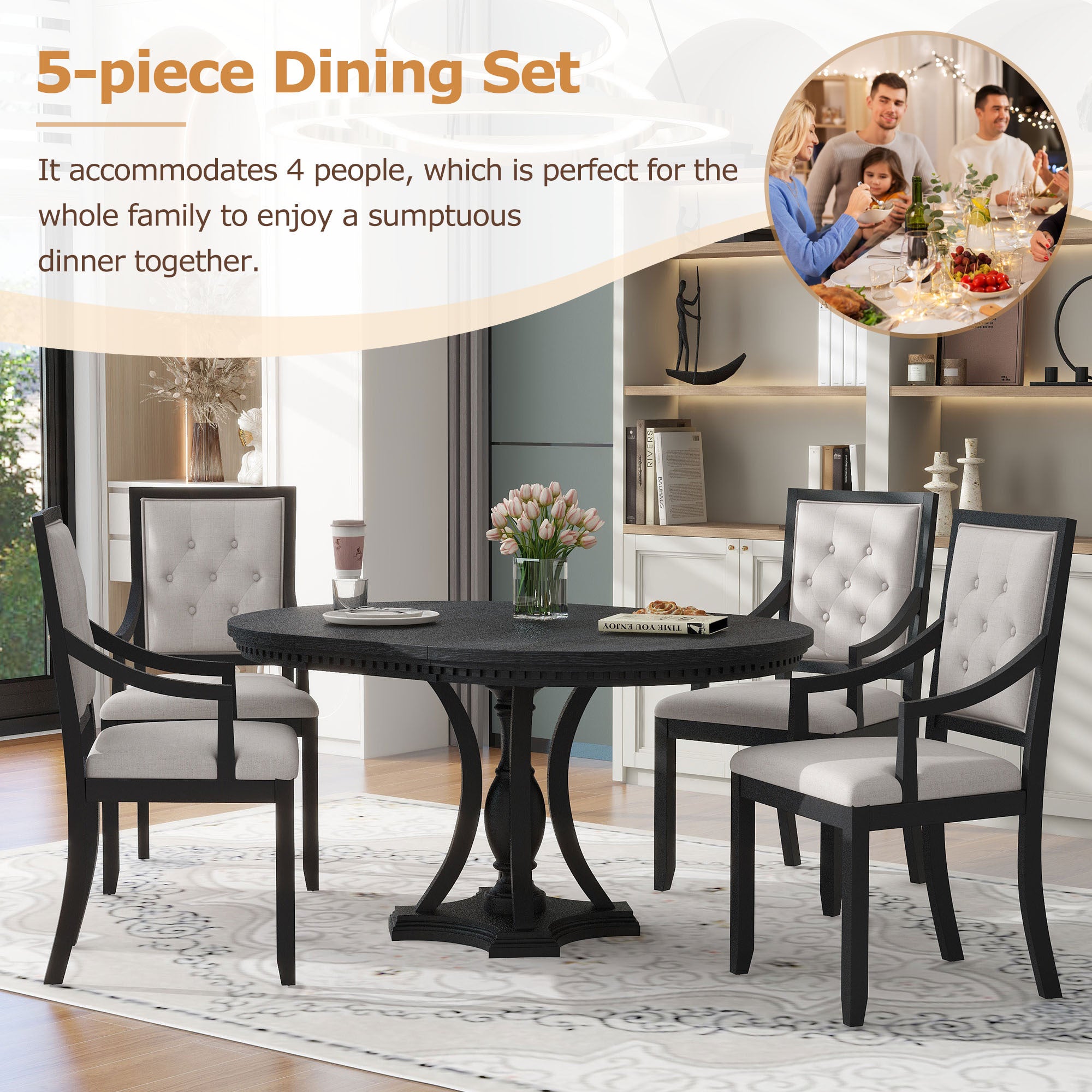 5-piece Dining Set Extendable Round Table and 4 Chairs for Kitchen Dining Room - Black Oak