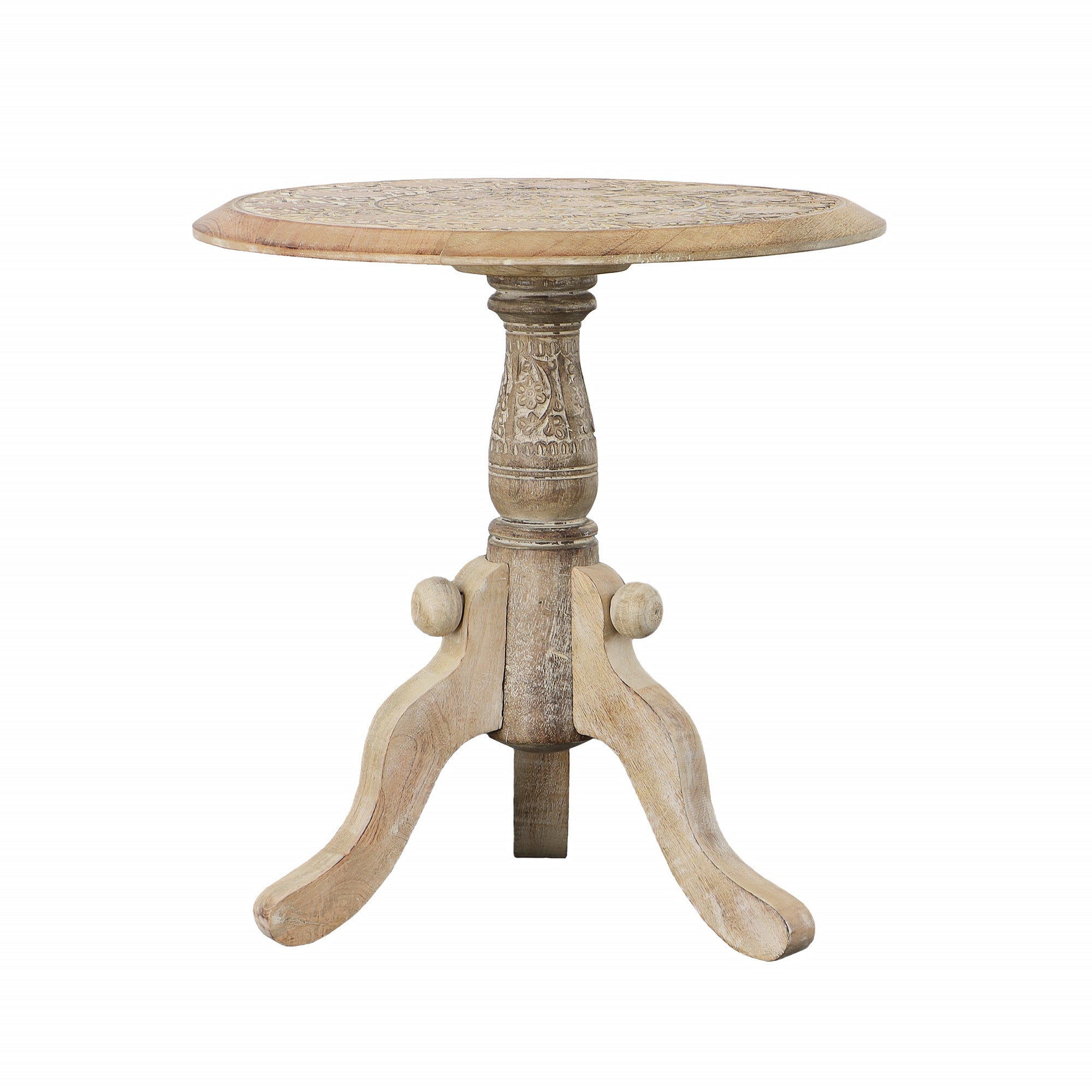 French Style Intricately Carved Round Top Mango Wood Side End Table with Pedestal Base - Natural and White