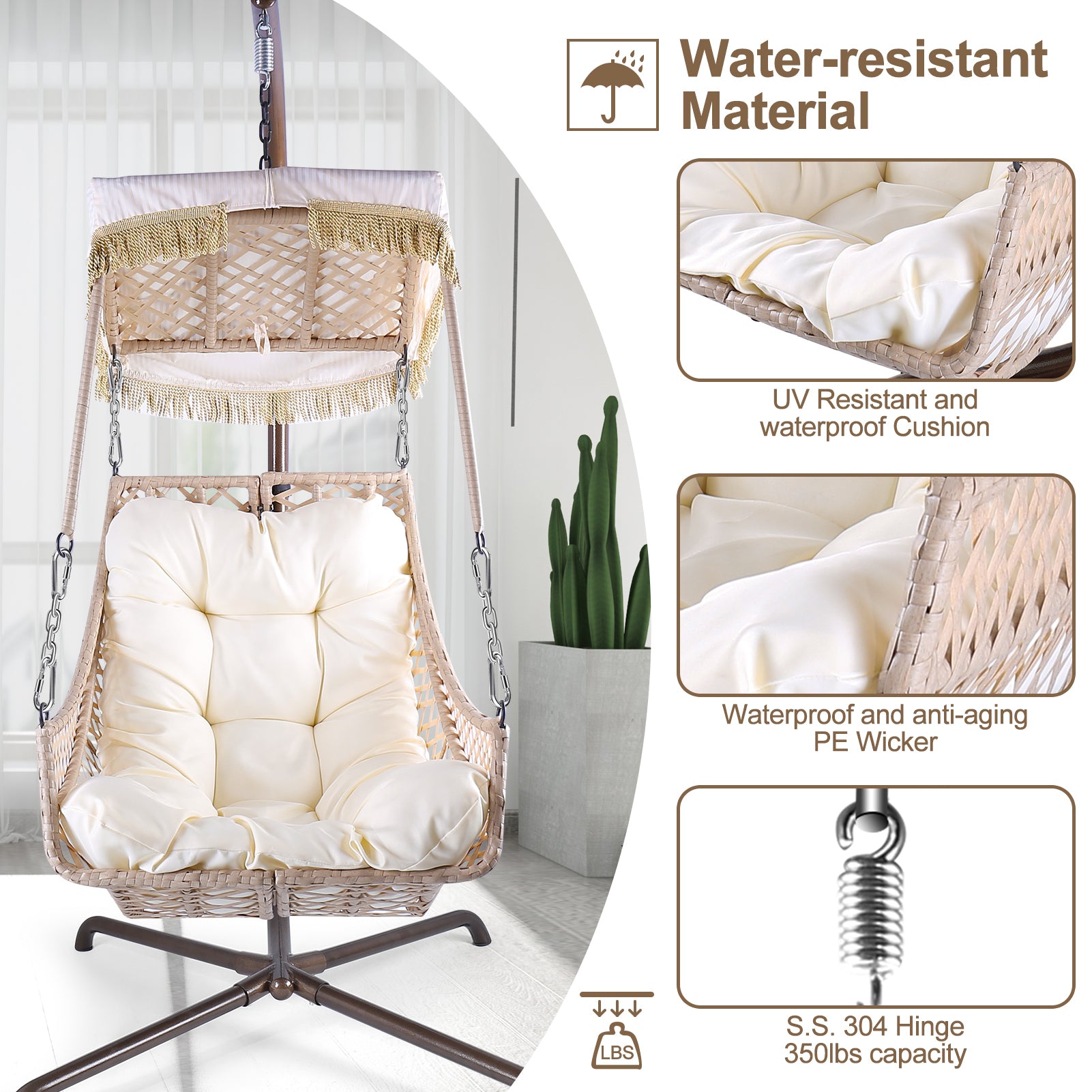 Swing Egg Chair with Stand Indoor Outdoor, UV Resistant Black Cushion with Cup Holder, Wicker Rattan Frame with Sunshade Cloth