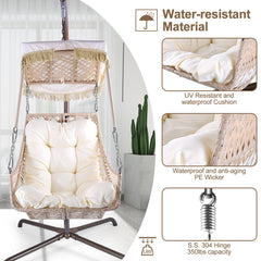 Swing Egg Chair with Stand Indoor Outdoor, UV Resistant Black Cushion with Cup Holder, Wicker Rattan Frame with Sunshade Cloth