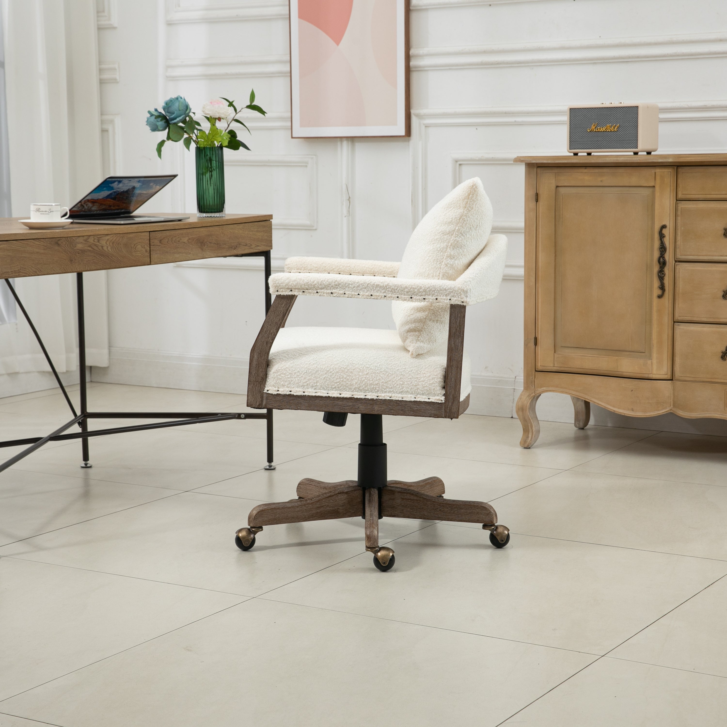 Office Chair Adjustable Swivel Chair Fabric Seat Home Study Chair - Beige