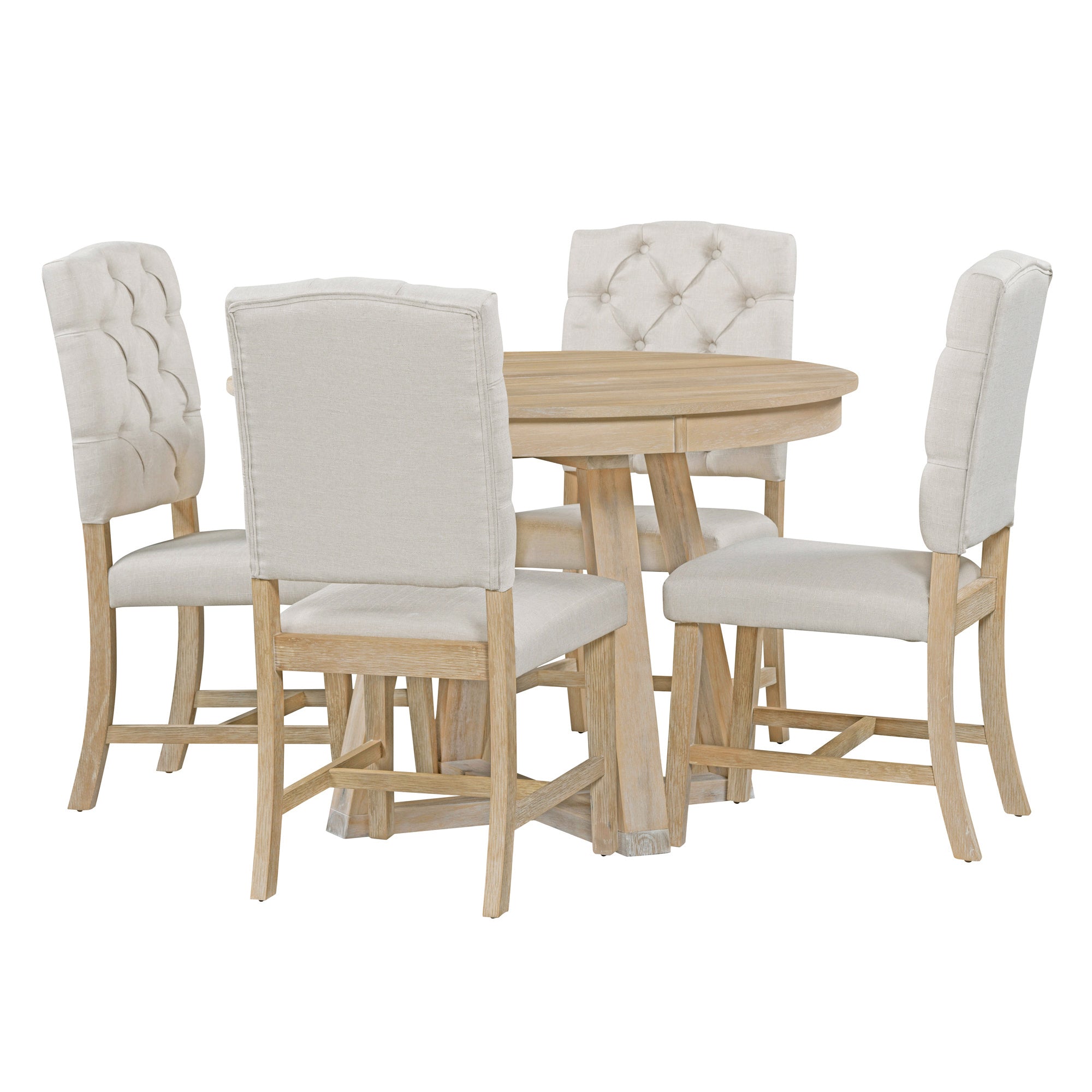 5-Piece Retro Functional Dining Set, Round Table with a 16"W Leaf and 4 Upholstered Chairs - Natural