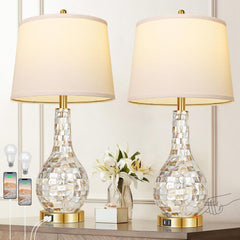 Set of 2 Gold Shell Pearl Tile Table Lamp, Modern Coastal Style Bedside Table Lamp With USB Port, 3-Way Touch Control Included (2700K LED Bulb)
