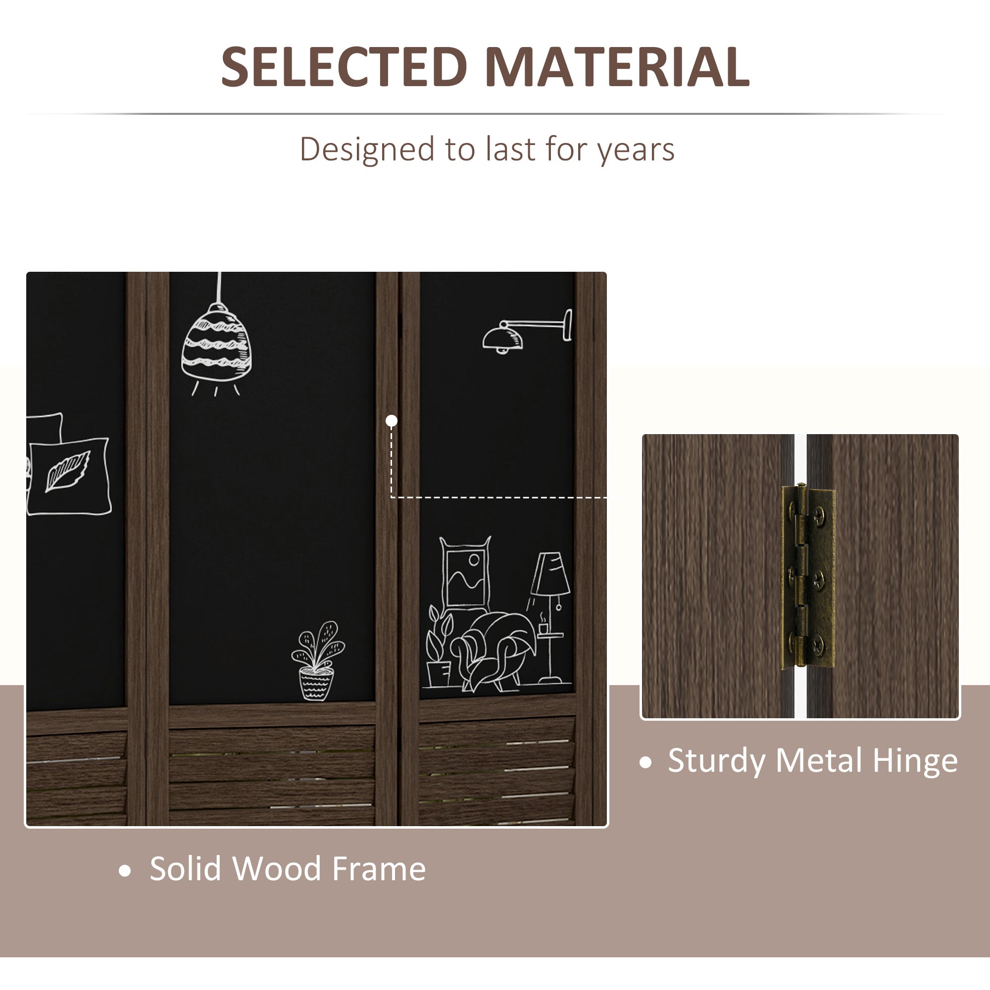 4-Panel Folding Room Divider with Blackboard, 5.5 Ft Tall Freestanding Privacy Screen Panels - Walnut Brown