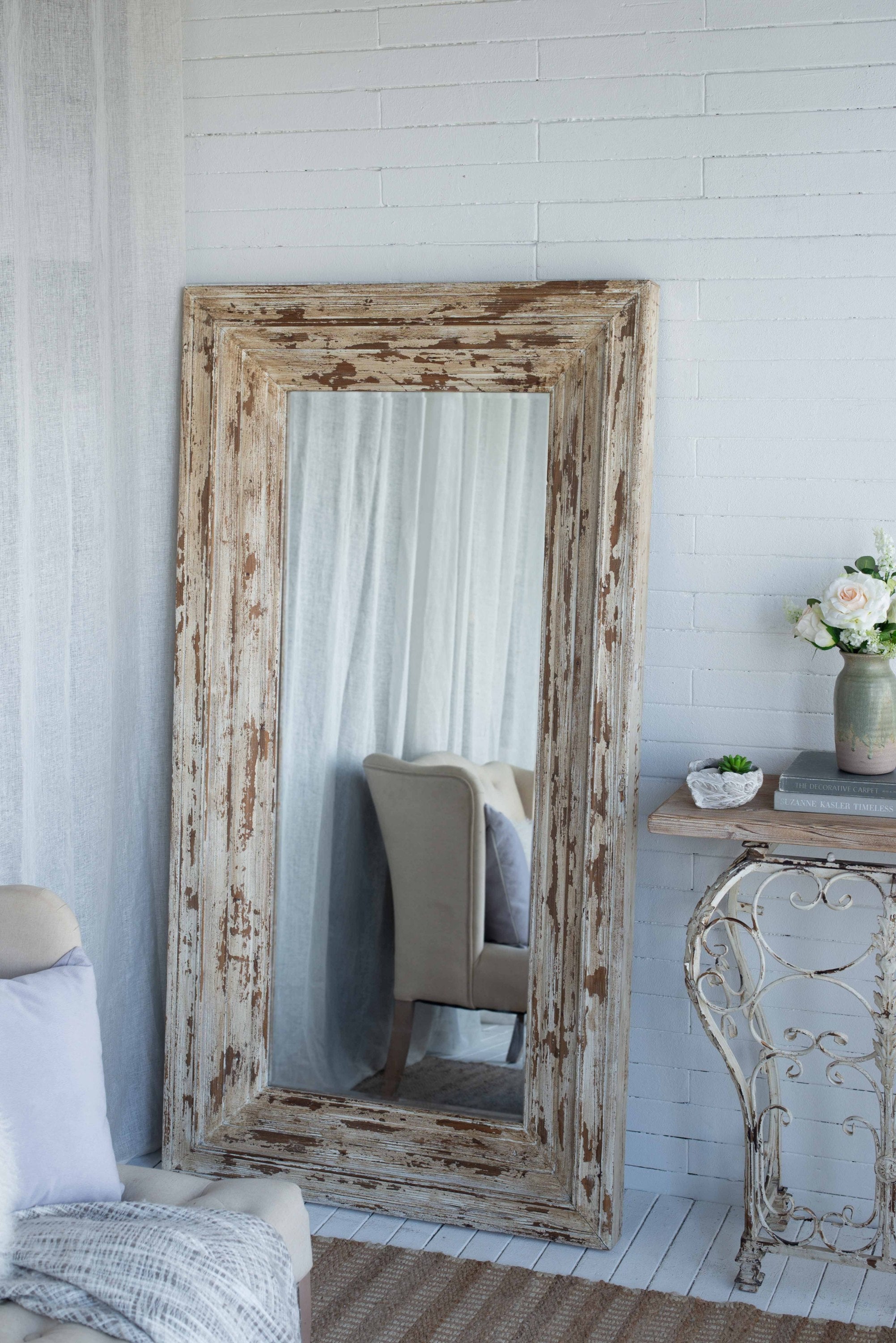 Full Length Rectangle Floor Mirror with Distressed Wood Frame 39x3.5x75"