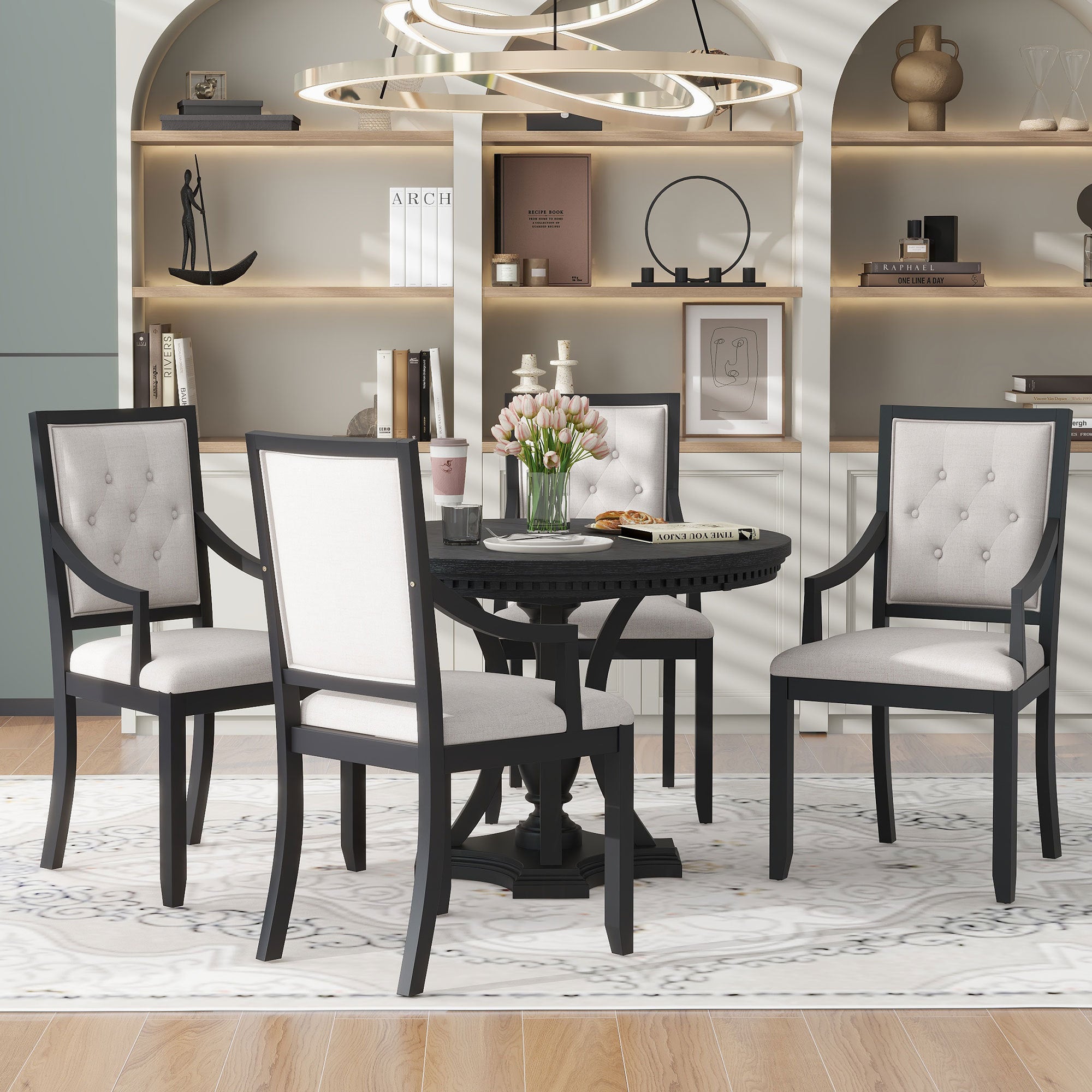 5-piece Dining Set Extendable Round Table and 4 Chairs for Kitchen Dining Room - Black Oak