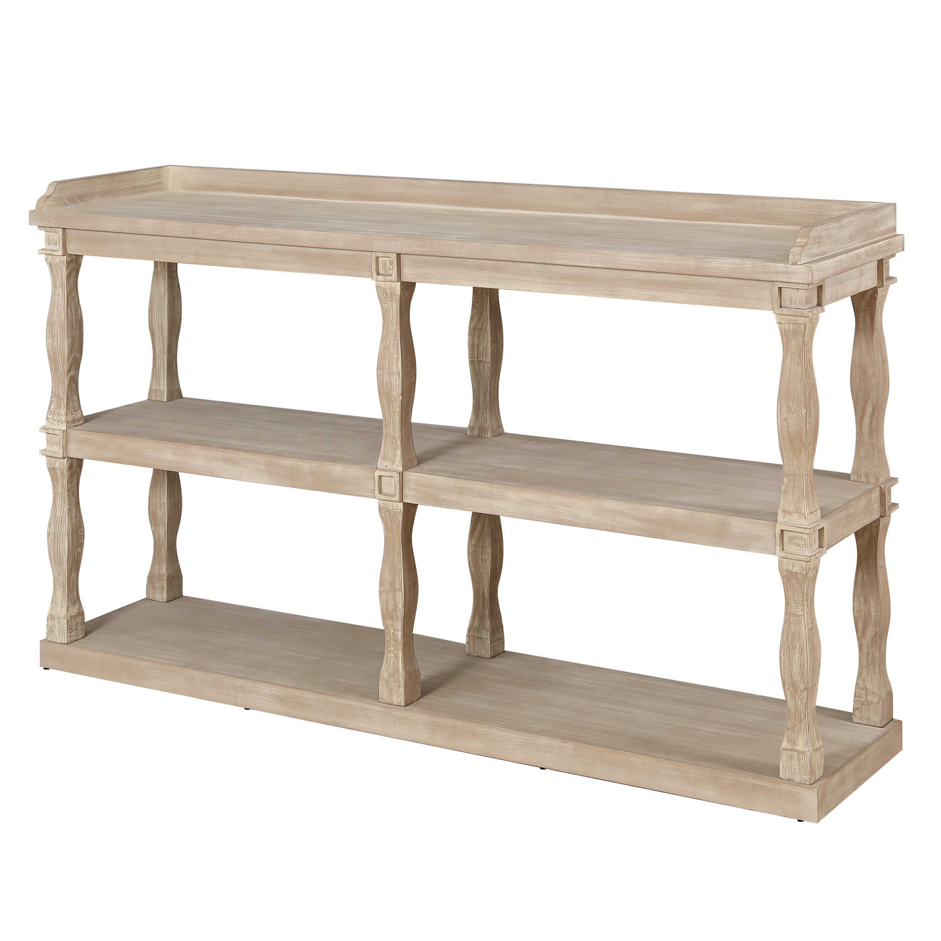 Console Table with 3-Tier Open Storage Spaces And Roman Column Effect Support Legs - Antique Wood+White