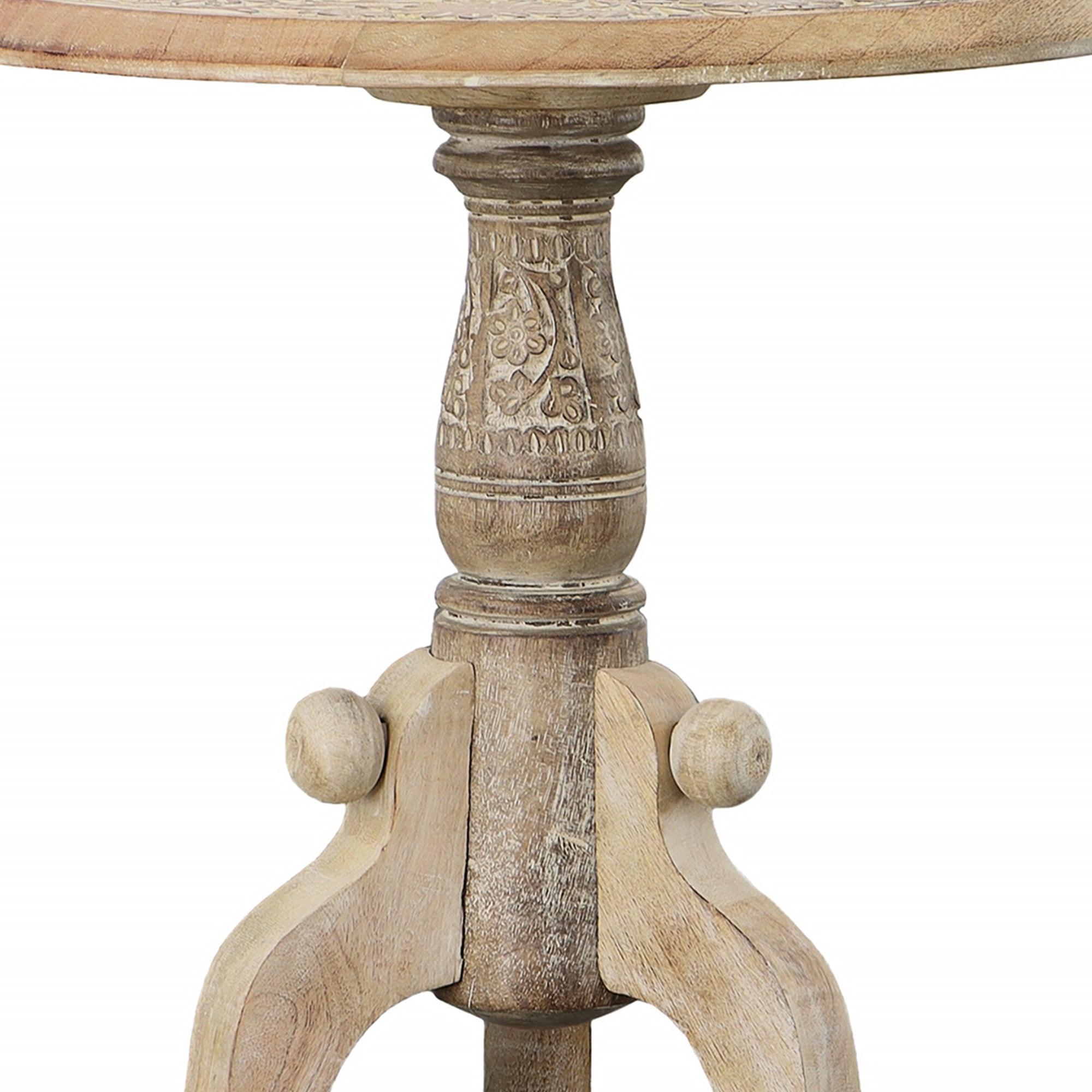 French Style Intricately Carved Round Top Mango Wood Side End Table with Pedestal Base - Natural and White