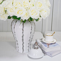 18.50"H White Ginger Jar with Silver Ornament