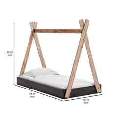 Modern Twin Size Bed, Crossed Wood A Frame Tent Stand, Jet Black Base