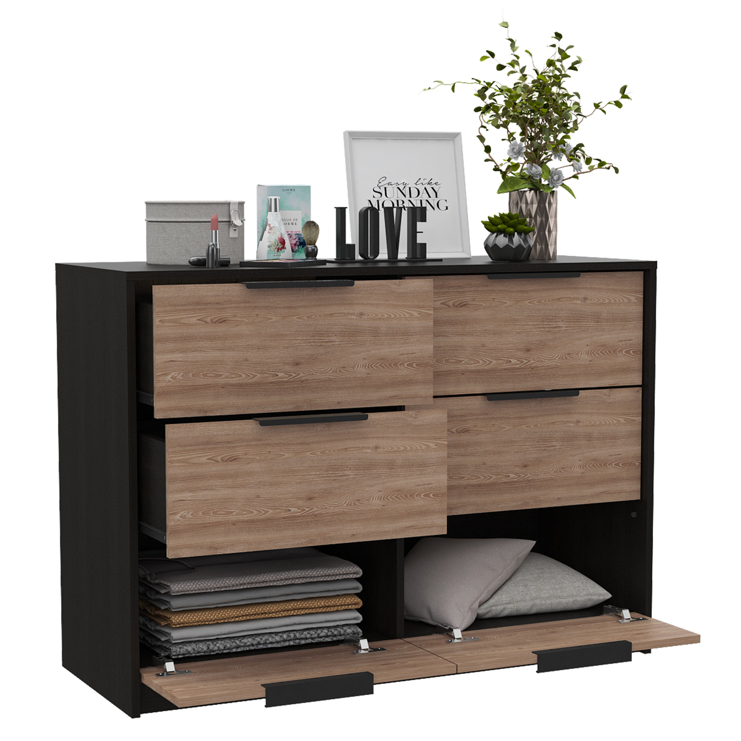 4 Drawer Double Dresser - Black / Pine