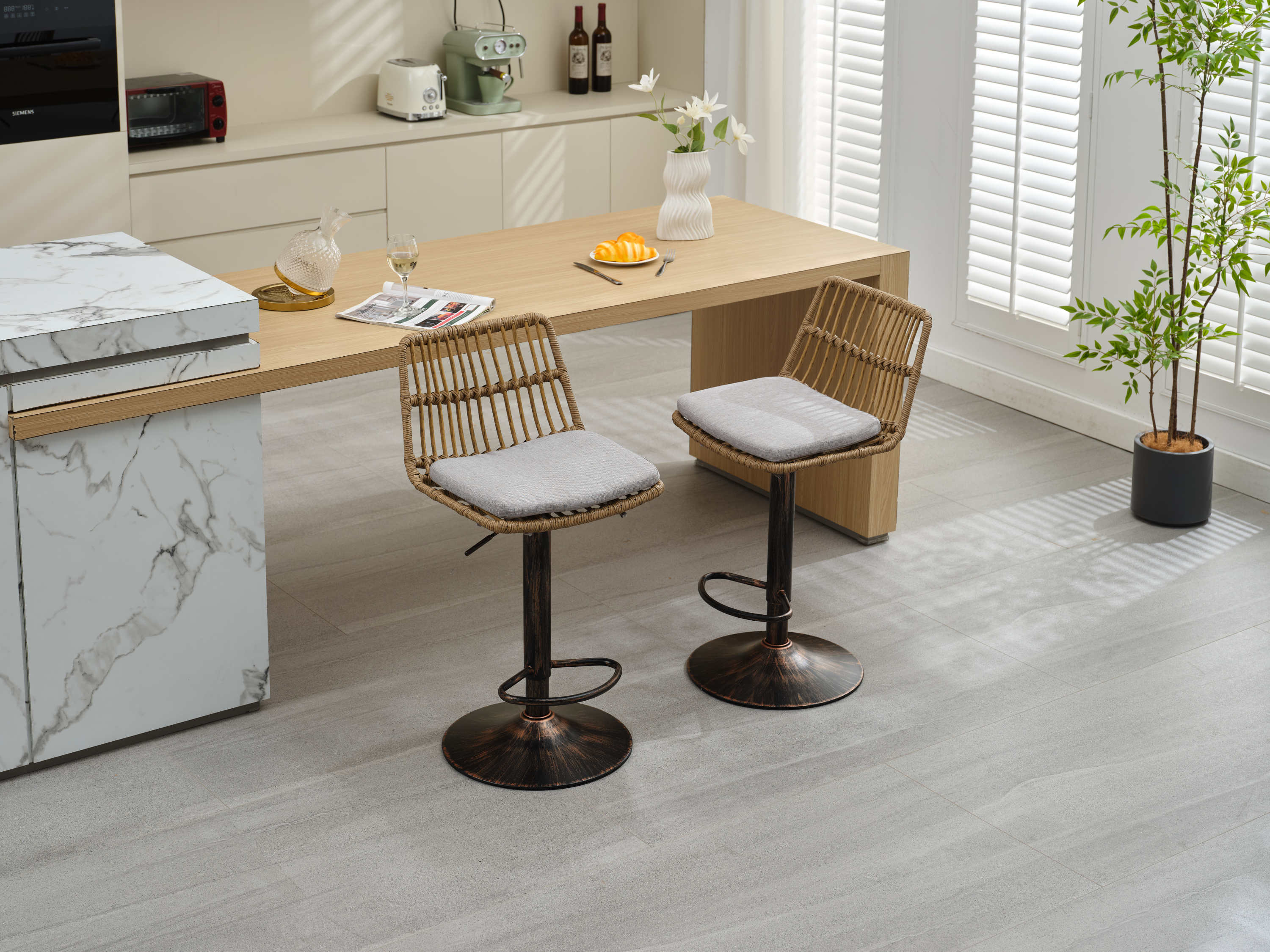 Set of 2 Rattan Bar Stool, 360 Swivel Bar Chair, Counter Height Chair with Footrest - Grey