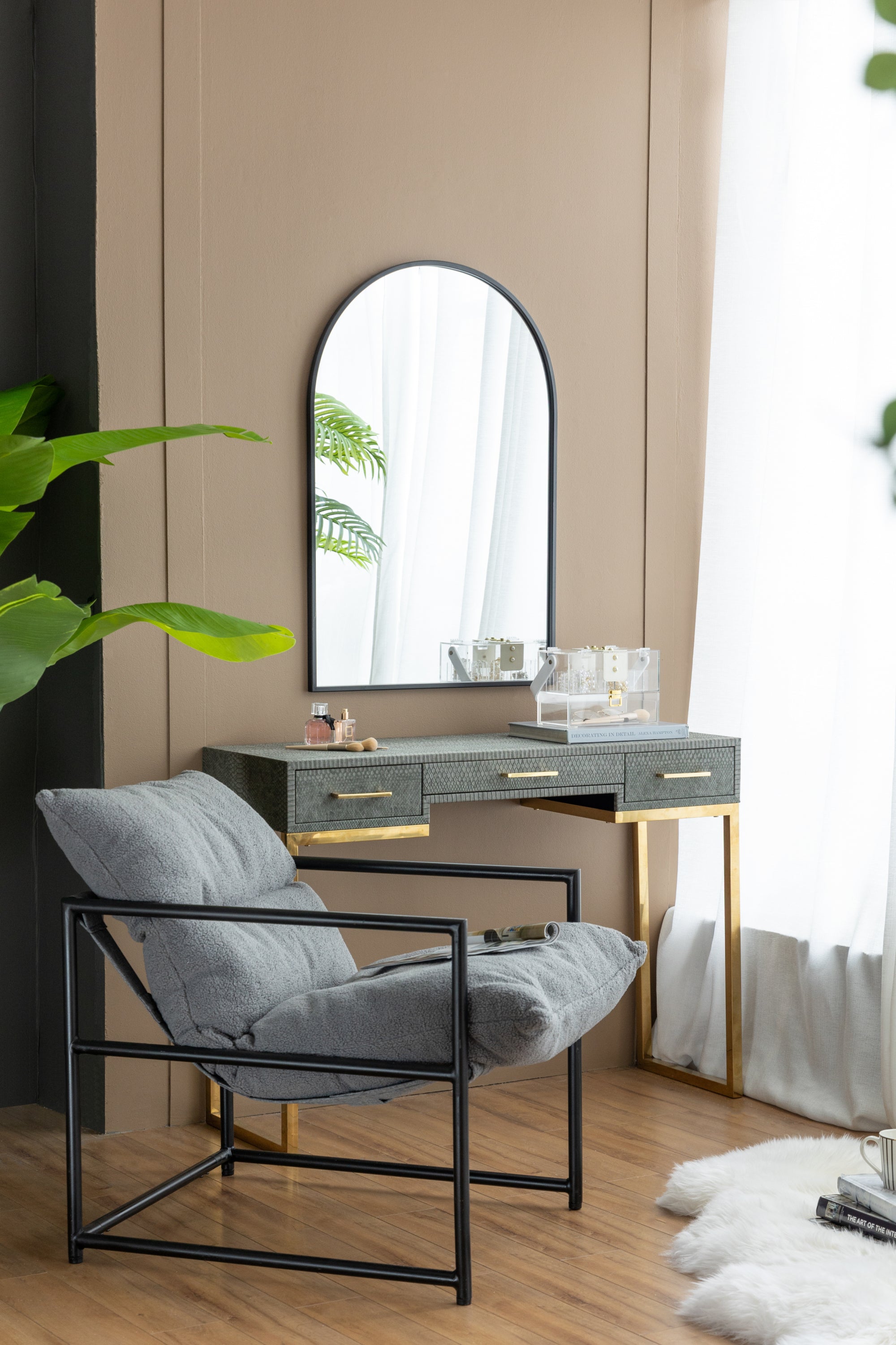 Black Arched Mirror with Metal Frame
