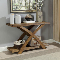 Rustic Console Sofa Table Plank Style Top Antique Light Oak Open Bottom Shelf