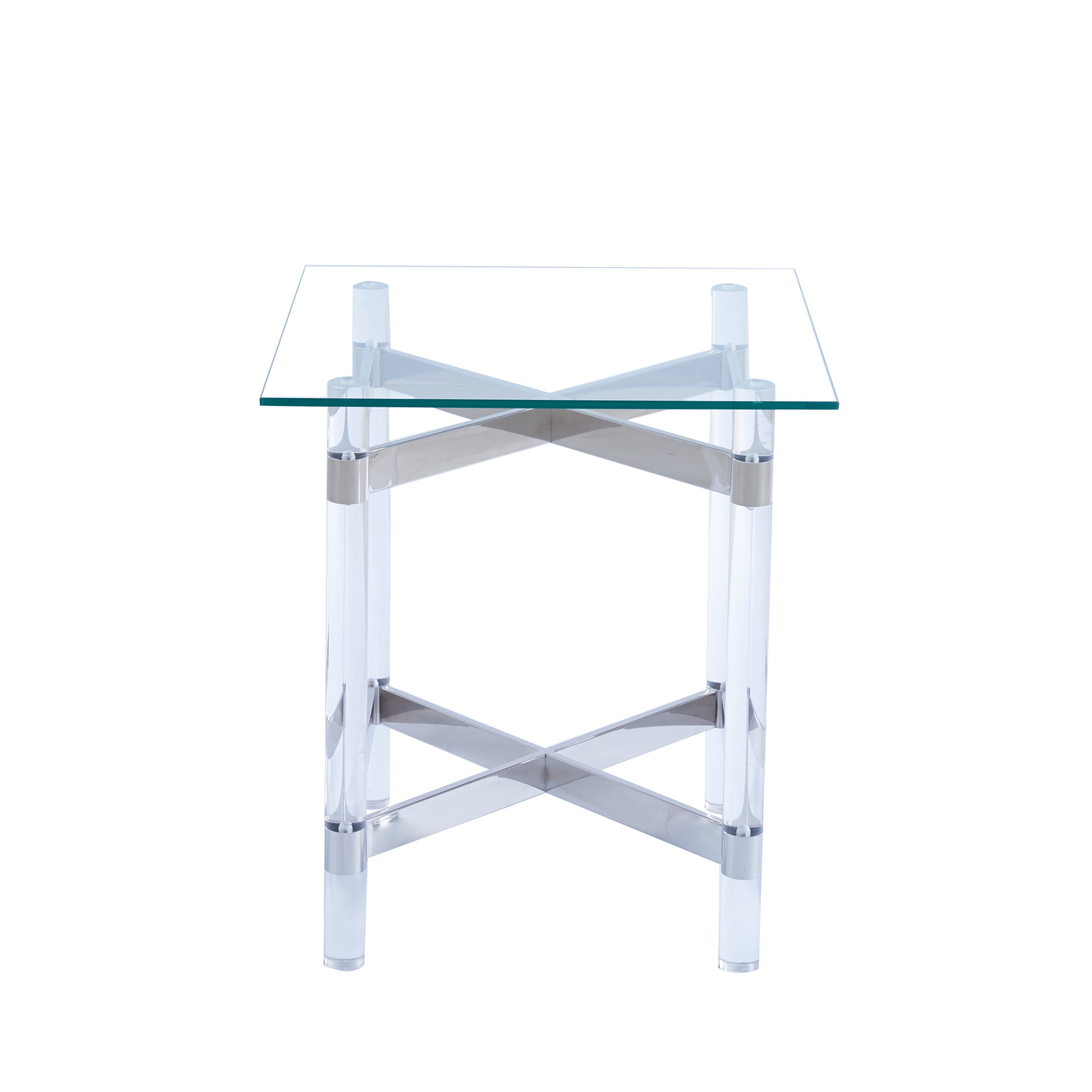 Silver Stainless Steel With Acrylic Frame Clear Glass Top End Table