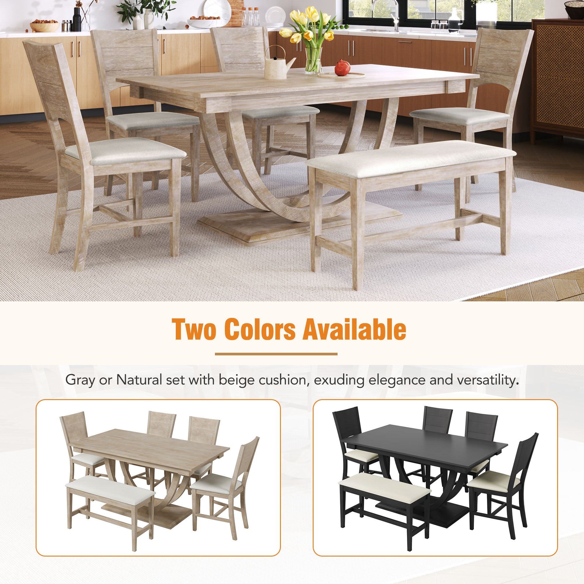 Modern Style 6-Piece Wood Half Round Dining Table Set with Long Bench and 4 Dining Chairs - Natural