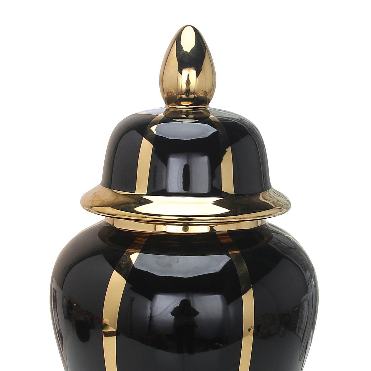 14"H Black Linear Gilded Ginger Jar with Removable Lid