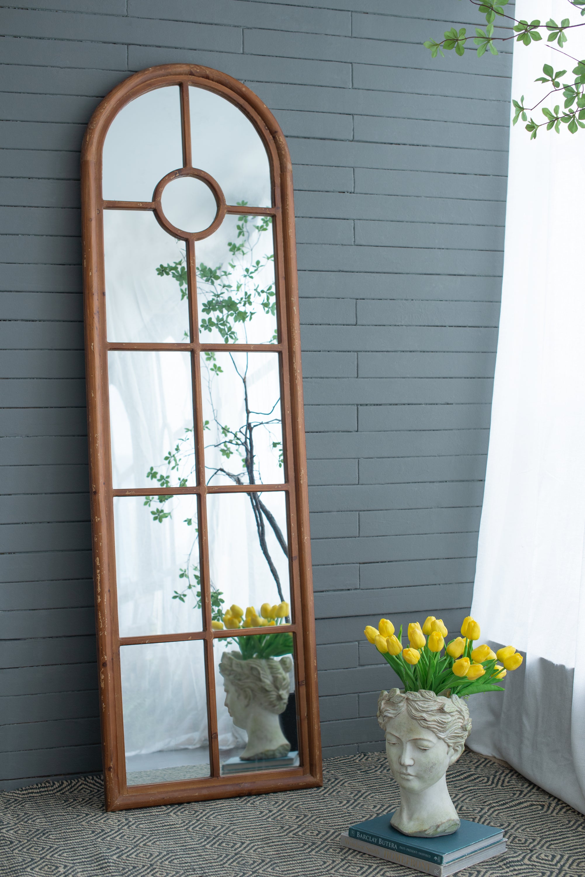 Half-Round Elongated Mirror with Decorative Window Look Classic Architecture 24x79"