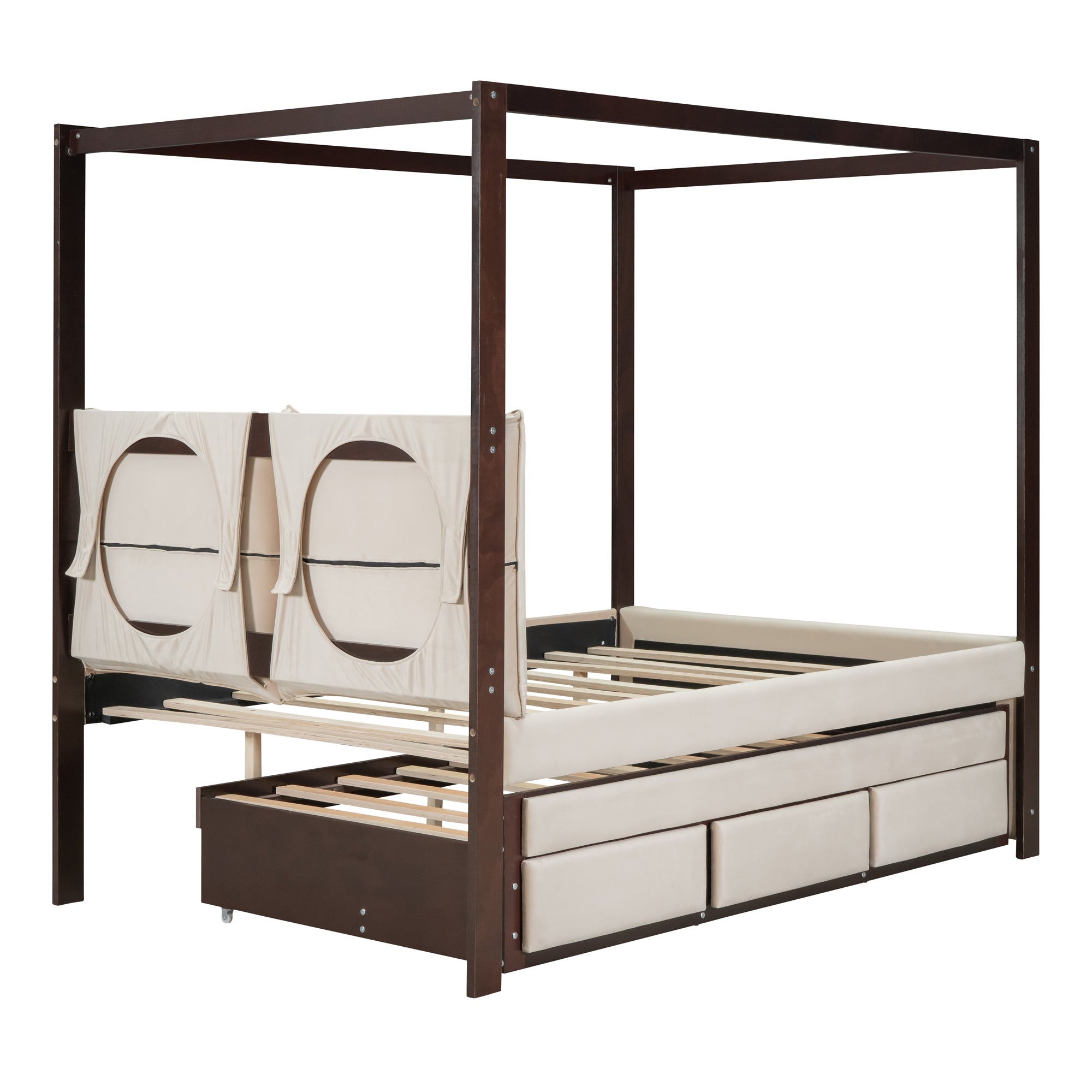 Full Size Upholstered  Canopy Bed with Trundle and 3 Drawers - Beige
