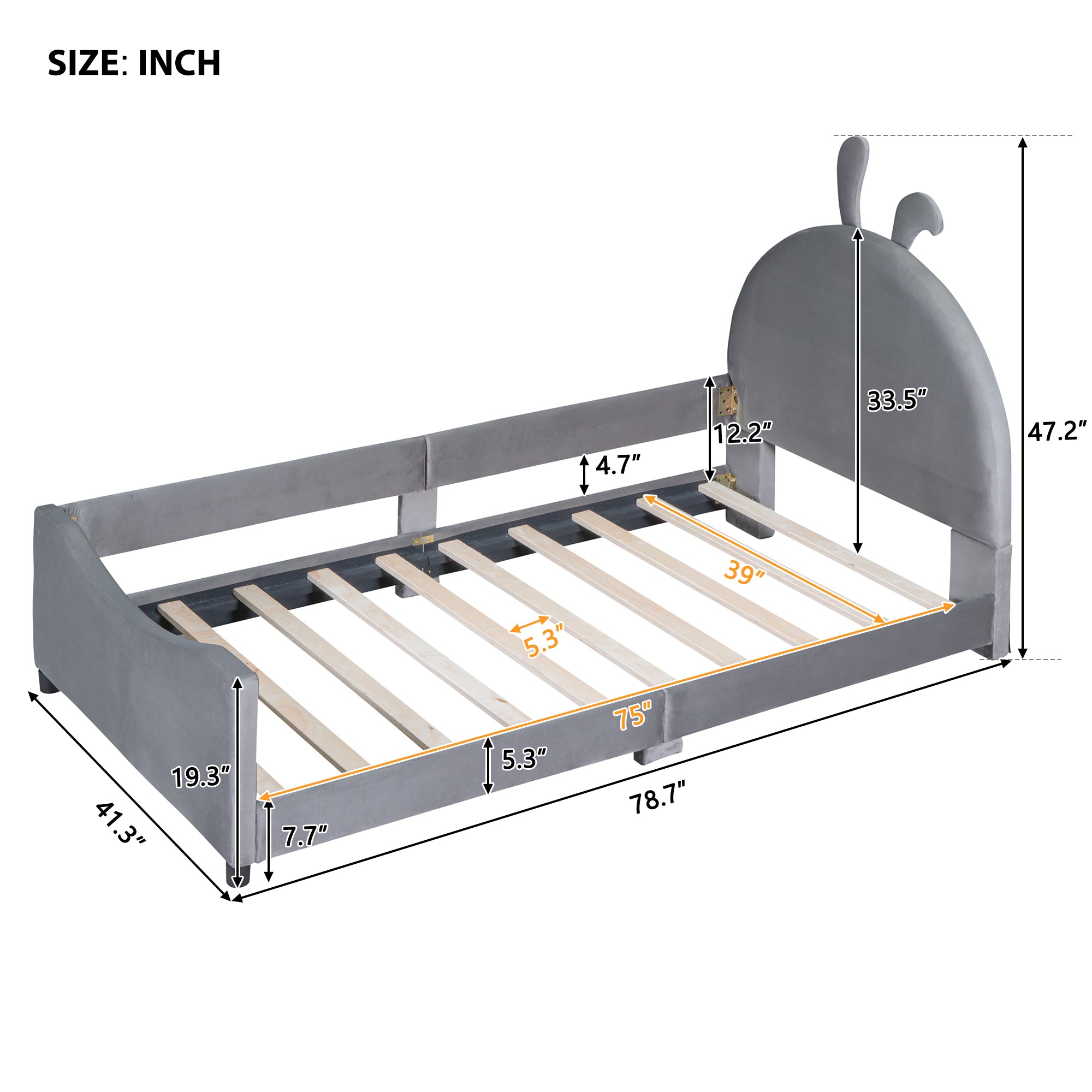 Twin Size Upholstered Daybed with Rabbit Ear Shaped Headboard - Gray