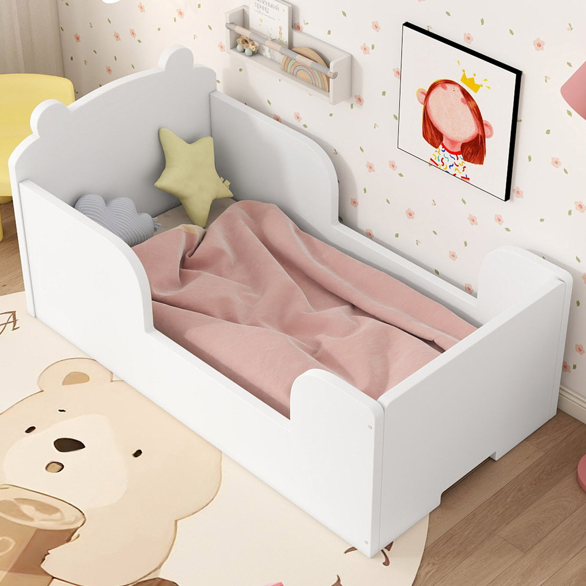 Toddler Floor Bed Frame, Cot Bed for Boys and Girls Ages 3-6, Bear Shape Toddler Bed, White