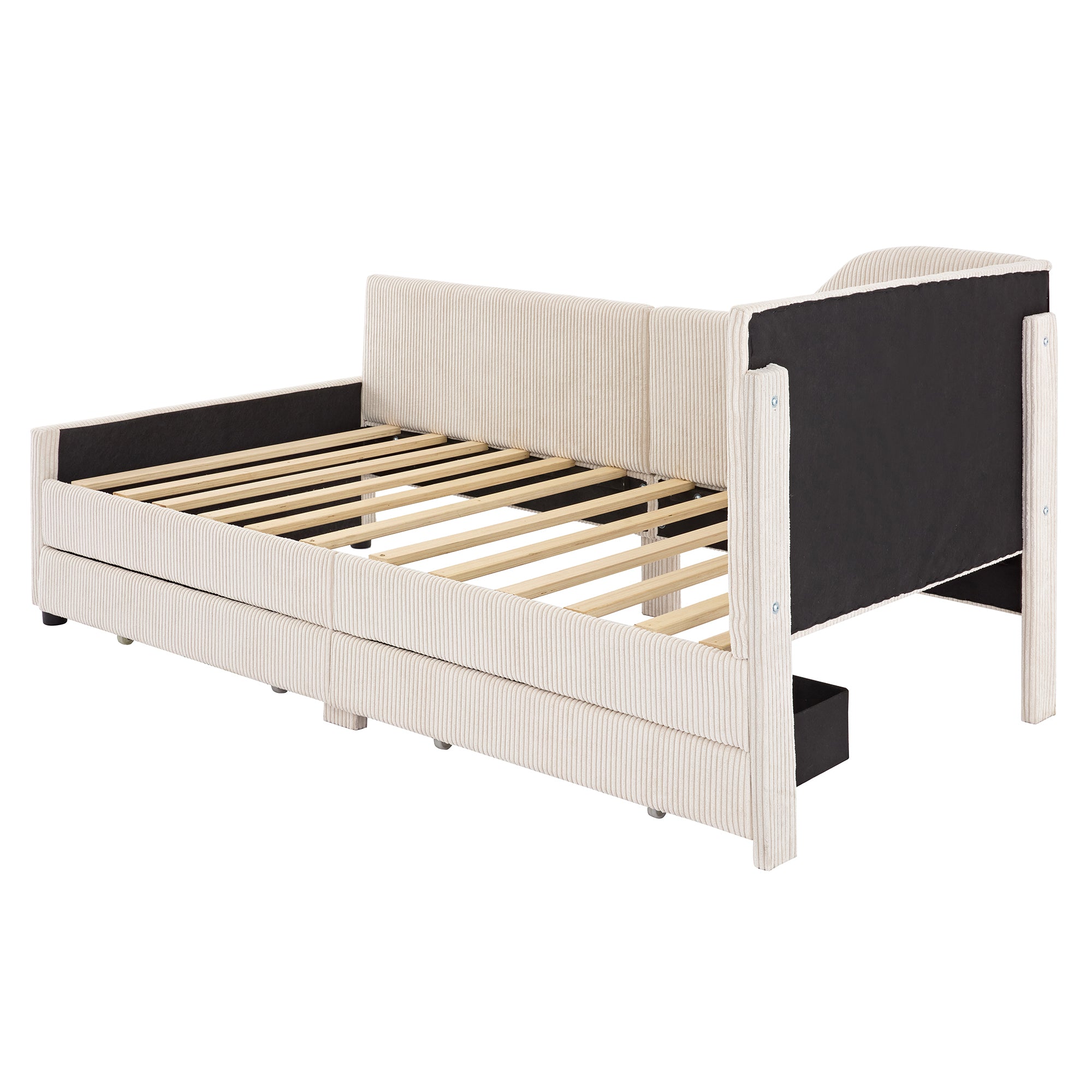 Twin Size L-Shaped Corduroy Daybed,Upholstered Bed Frame with  2 Storage Drawers, Beige