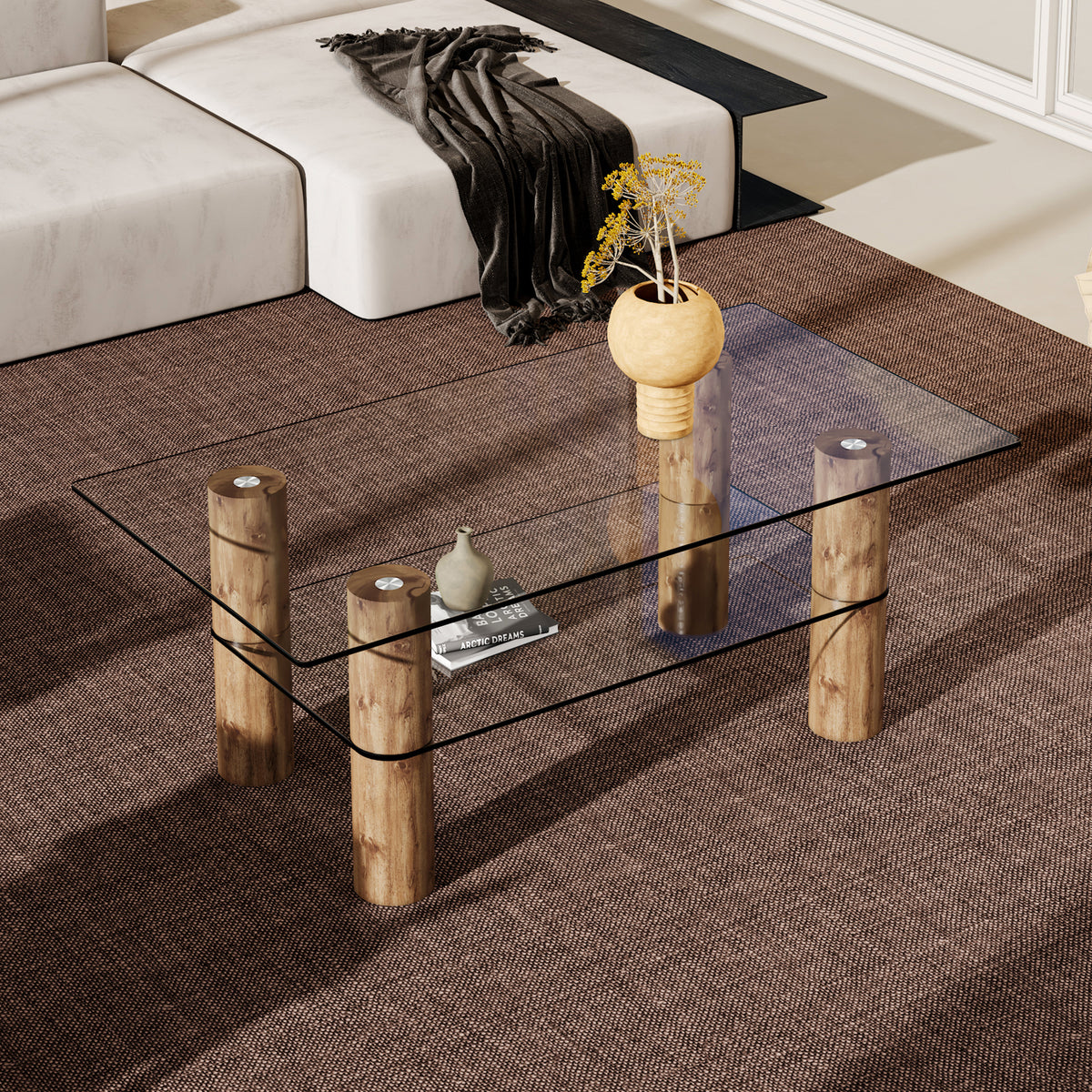 Minimalist and Modern Double-Layer Transparent Tempered Glass Coffee Table and Coffee Table