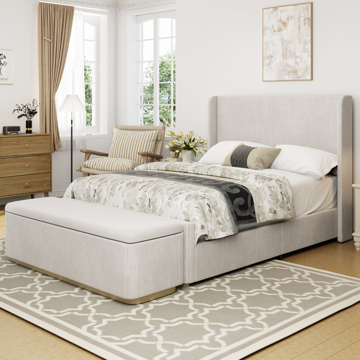 King Size Corduroy Upholstered Bed Frame with 130L Storage Ottoman, and Vertical Stripe Wingback Headboard and High Footboard, Light Grey