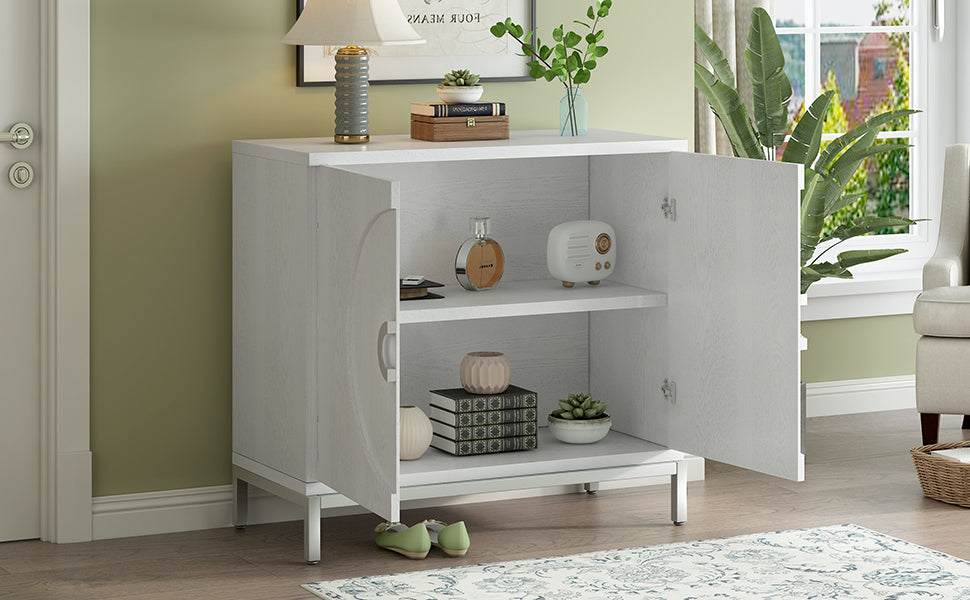 Accent Cabinet with Solid Wood Veneer and Metal Leg Frame for Living Room, Entryway, Dining Room - White