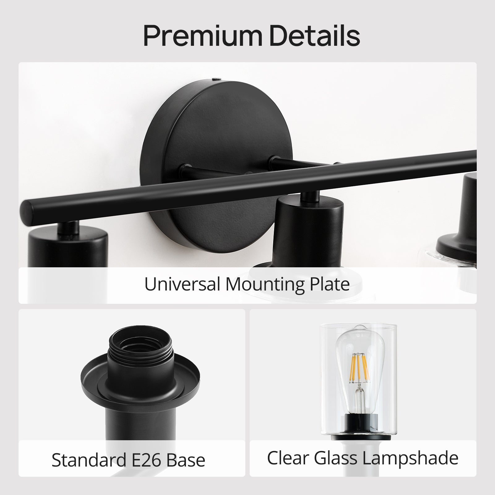 3-Light Vanity Light with Clear Glass Lampshade - Black Metal