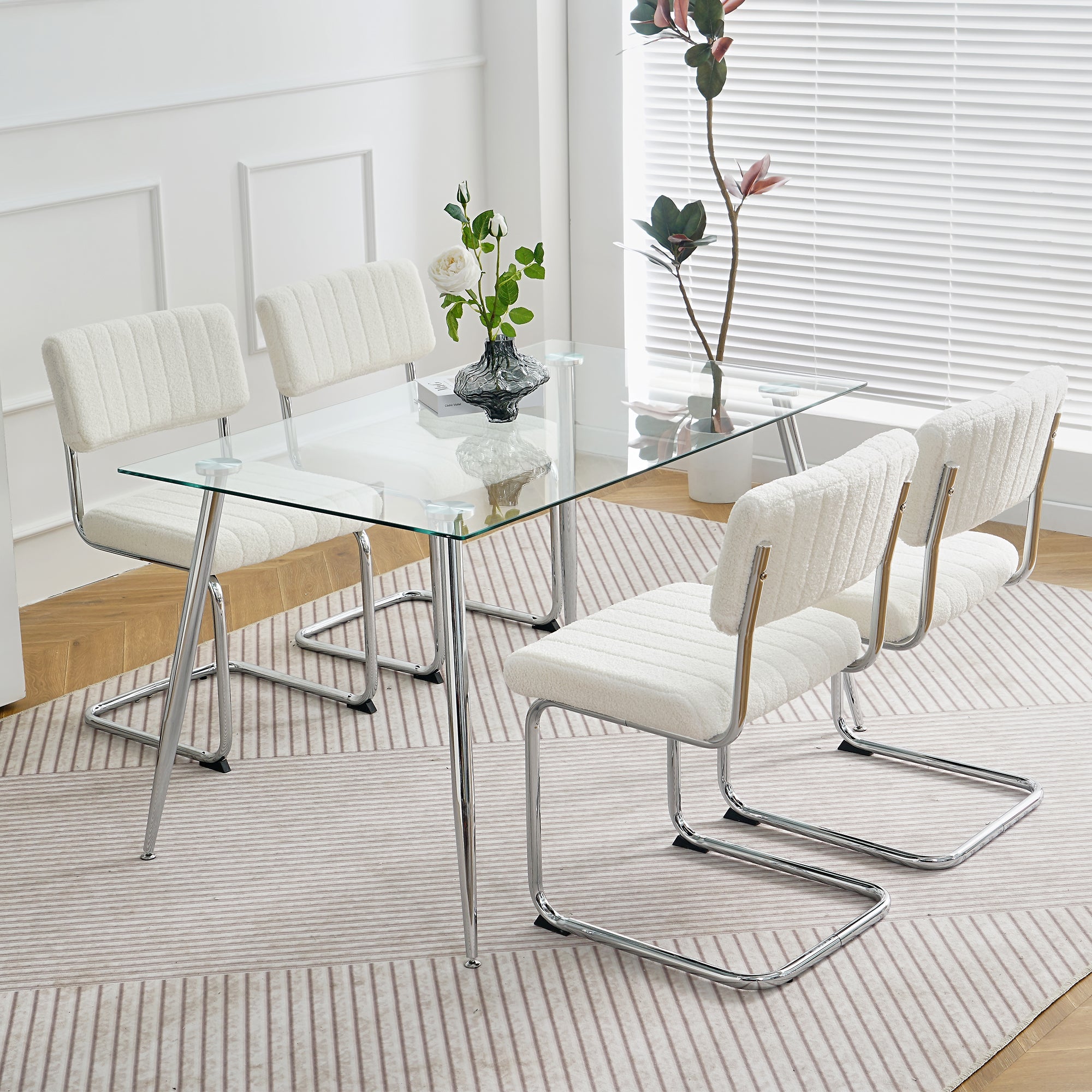 Luxury Dining Chairs with Silver Metal Legs (Set of 4) - White
