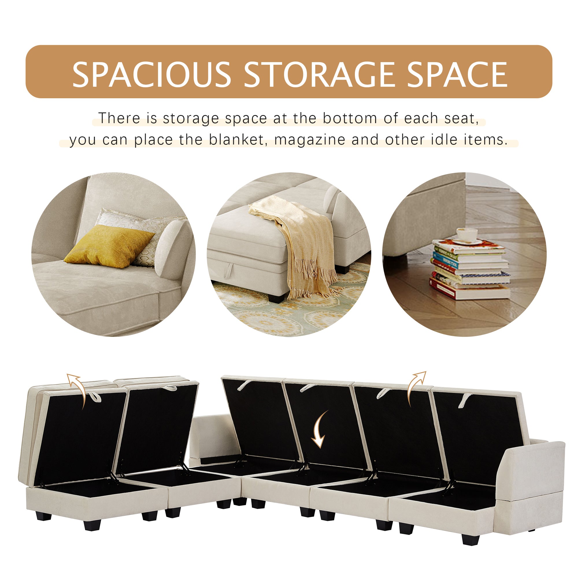 Modern Large U-Shape Modular Sectional Sofa,  Convertible Sofa Bed with Reversible Chaise - Beige
