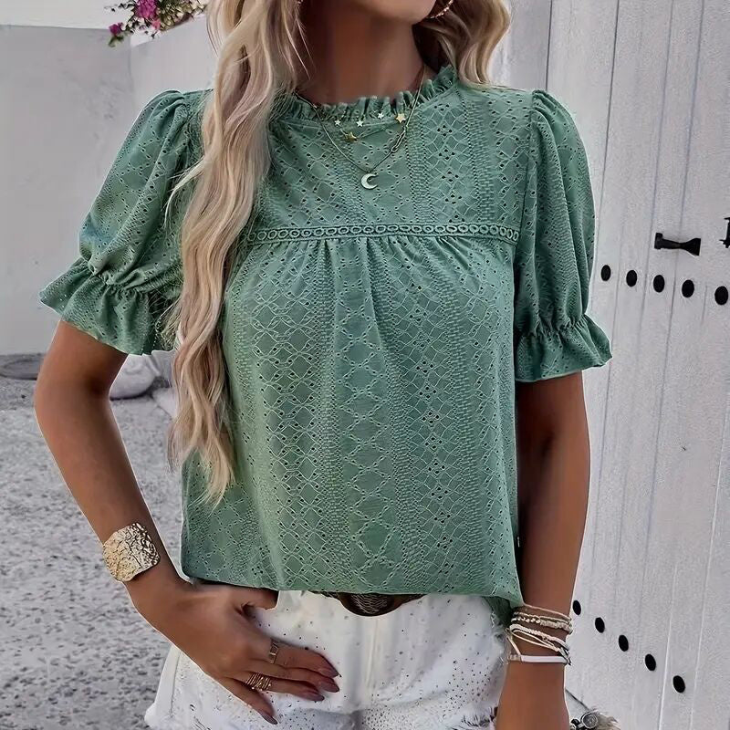 Women's Elegant Ruffle Detail Blouse Short Sleeve Round Neck Top