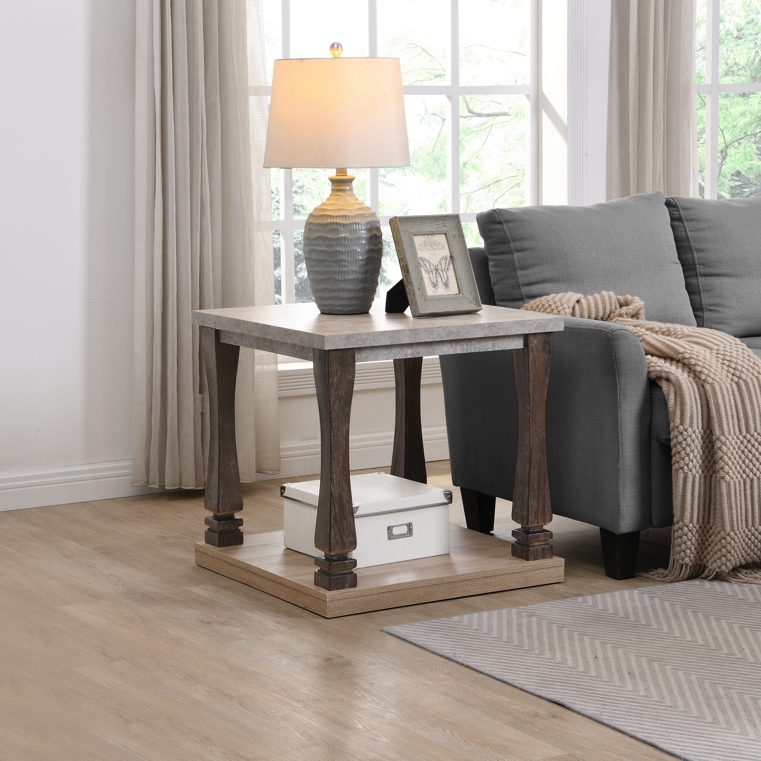 Mid-Century Rectangle End Table for Living Room, Wood Side Table with 2-Tier Storage Shelf - Grey Tabletop