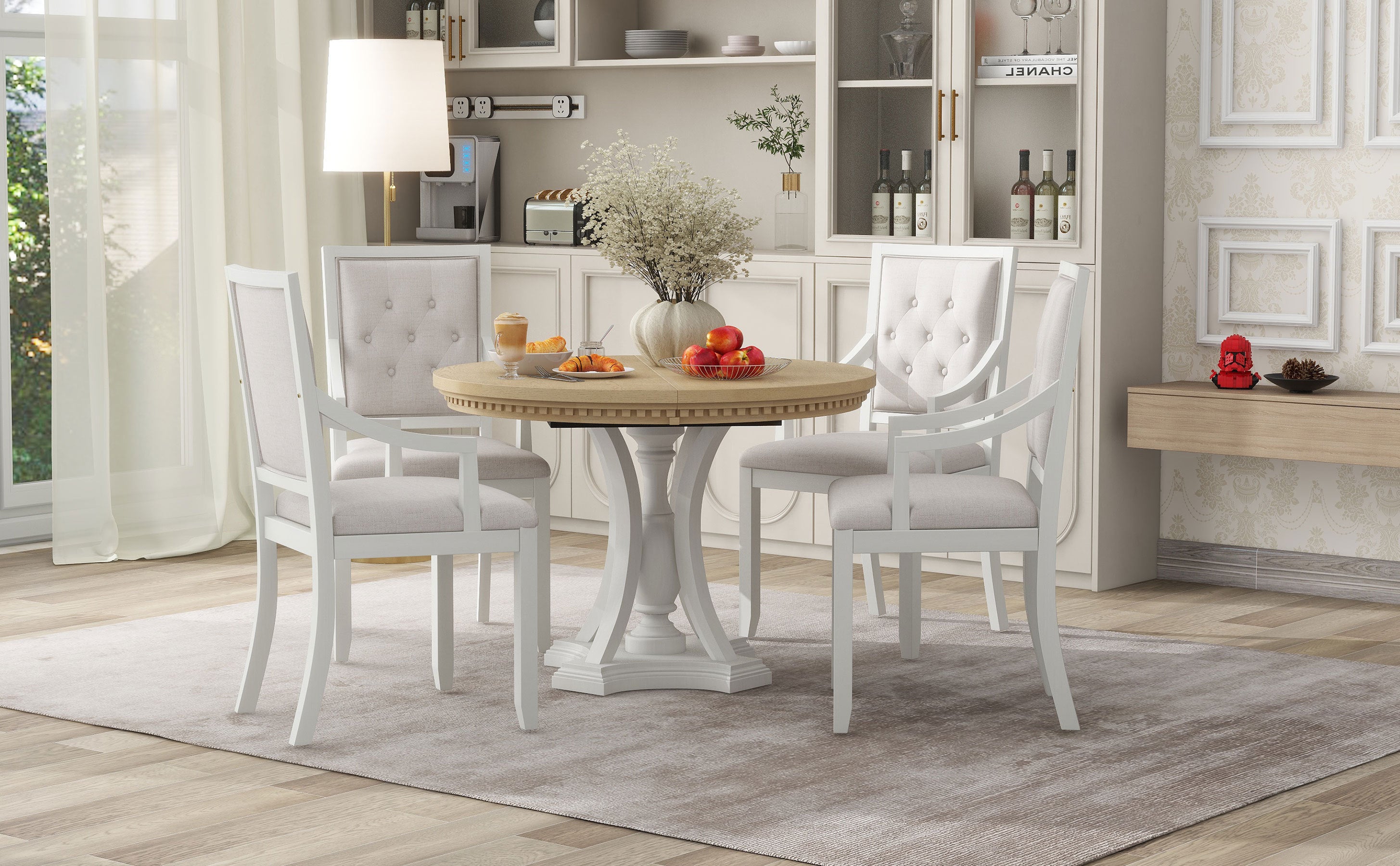 Retro 5-piece Dining Set Extendable Round Table and 4 Chairs - Oak Natural Wood + Antique White