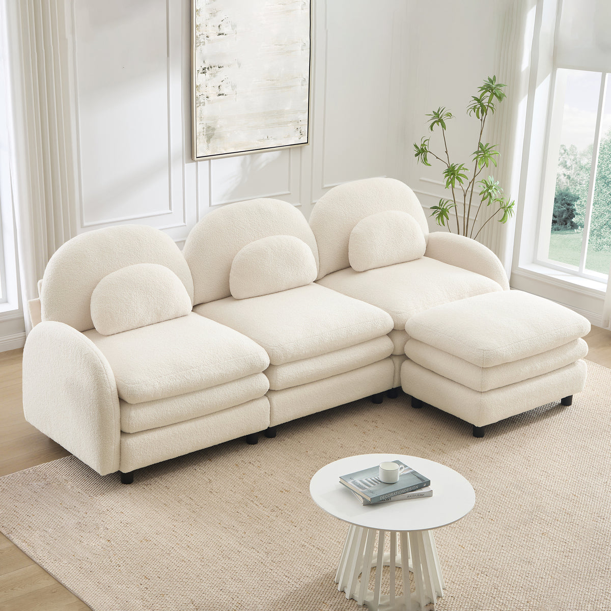 Teddy Fabric Cloud-like 3-Seat Sofa,Curved Backrest and Armrest with Curved Lumbar Pillows, Sectional 3 Seater Modular Couch with Movable Ottoman and Supportive Double-layer cushion, Beige White