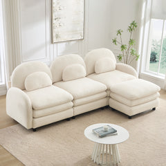 Teddy Fabric Cloud-like 3-Seat Sofa,Curved Backrest and Armrest with Curved Lumbar Pillows, Sectional 3 Seater Modular Couch with Movable Ottoman and Supportive Double-layer cushion, Beige White