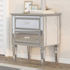 Elegant Mirrored Side Table with 2 Drawers, Modern Silver Finished