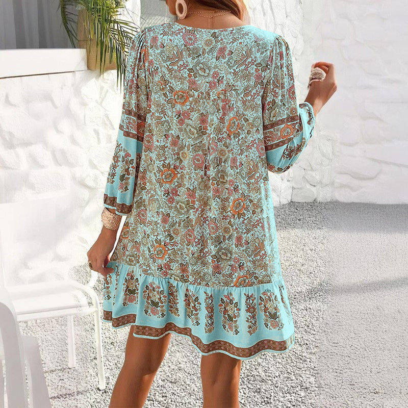 Women's Floral Print Mini Dress, V-Neck with Tassel Tie, Long Sleeve, Boho Summer Style