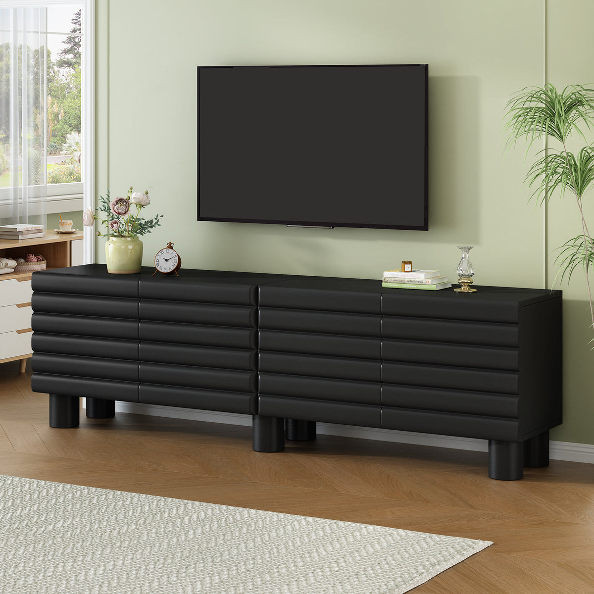 Stylish Thick Wavy Door TV Cabinet with Adjustable Shelves, Cream Style TV Stand with 4 Cabinets for TVs Up to 75', Solid Media Console with Cylindrical Legs and Cable Holes for Living Room, Black