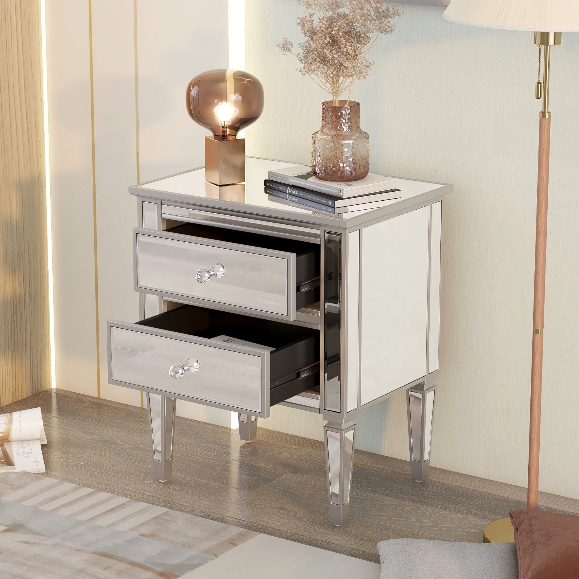 Elegant Mirrored Side Table with 2 Drawers, Modern Silver Finished