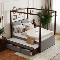 Full Size Upholstered  Canopy Bed with Trundle and 3 Drawers - Gray
