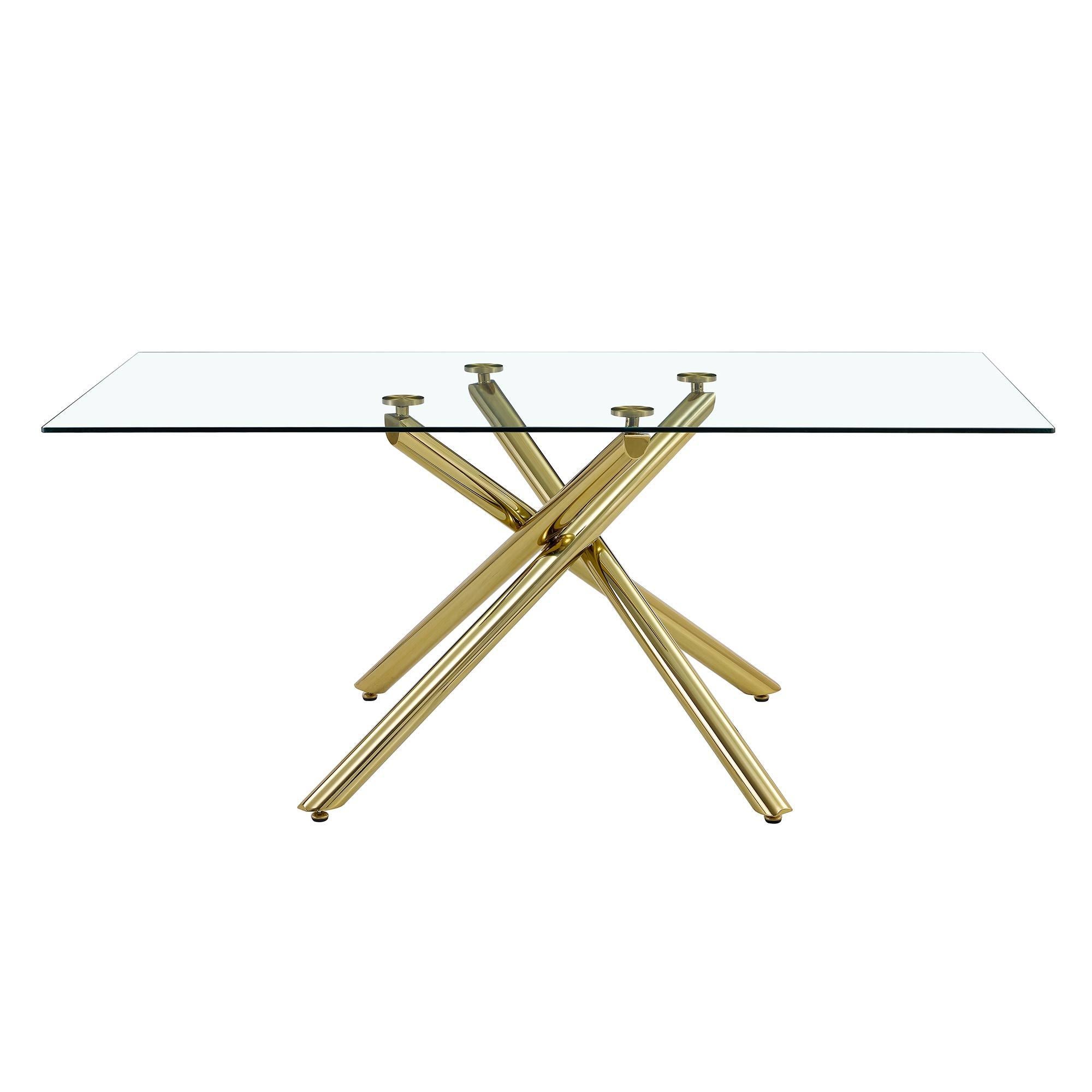 Modern Minimalist Rectangular Glass Dining Table for 6-8 with 0.39" Tempered Glass Tabletop and Silver Chrome Metal Legs - Golden
